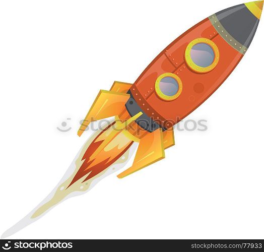 Illustration of a cartoon retro red iron spaceship blasting off and flying isolated on white. Comic Rocket Ship