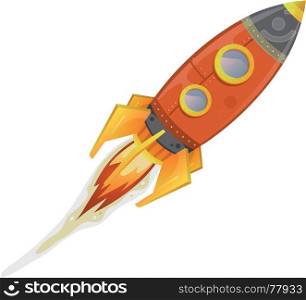 Illustration of a cartoon retro red iron spaceship blasting off and flying isolated on white. Comic Rocket Ship