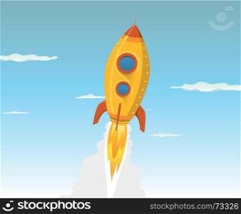 Illustration of a cartoon rocket ship or UFO flying in the sky and going outer-space. Cartoon Gold Space ship