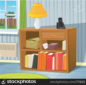 Illustration of a cartoon room interior scene with bookshelf on the wall and spring or summer backyard landscape in the window. Home Interior