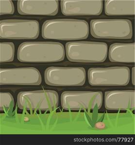 Illustration of a cartoon rural stone wall background with bricks of rock, grass leaves and lawn. Cartoon Rural Stone Wall