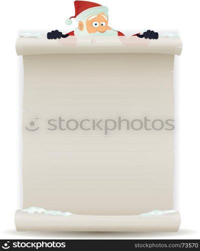 Illustration of a cartoon Santa claus character pointing white parchment sign for christmas holidays and children gift list. Santa Claus Background