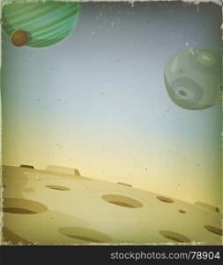 Illustration of a cartoon scifi cosmos landscape background with grunge texture. Scifi Grunge Alien Planet Background