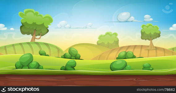 Illustration of a cartoon seamless green nature rural background with grass, pasture, meadows, fields and trees for ui game scenics. Seamless Country Landscape For Ui Game