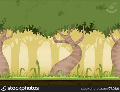 Illustration of a cartoon seamless horizontal spring or summer forest landscape background loop, with funny striped weird trees, grass, lawn and soil. Seamless Forest Landscape