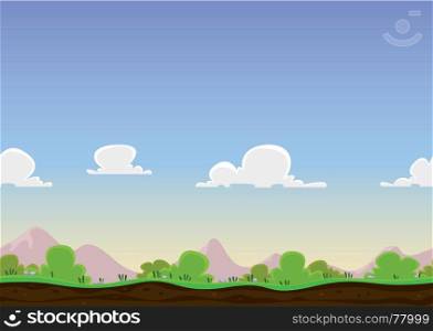 Illustration of a cartoon seamless never ending horizontal spring or summer landscape background loop, with grass, soil, bush, mountains range and clouds in the sky. Seamless Spring Landscape