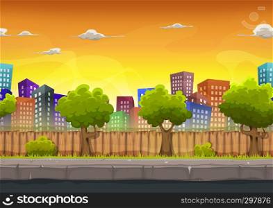 Illustration of a cartoon seamless urban city landscape with fancy buildings and skyscrapers, for game ui. Seamless Street City Landscape For Game Ui