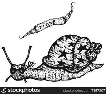 Illustration of a cartoon sketched snail character riding slowly and banner with time, black isolated on white background. Snail Character
