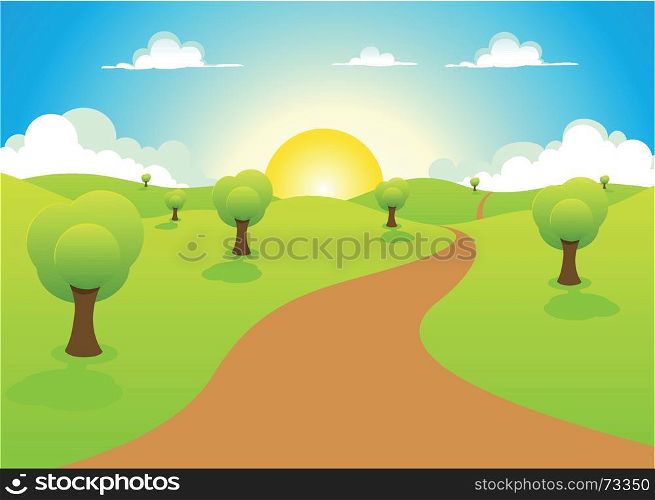 Illustration of a cartoon spring or summer landscape with trees, blue sky, sun and cloudscape. Cartoon Spring Or Summer Landscape