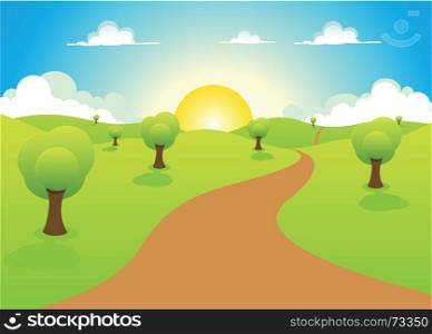 Illustration of a cartoon spring or summer landscape with trees, blue sky, sun and cloudscape. Cartoon Spring Or Summer Landscape