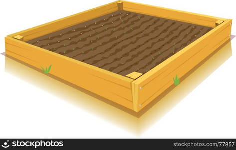 Illustration of a cartoon square kitchen garden made of wood frame and nails, with young seeds or leaves of flowers and vegetables. Square-Foot Gardening