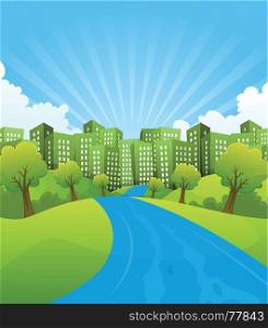 Illustration of a cartoon summer or spring country river going to green cityscape, for environment and ecology background. Green City In Summer Time