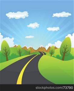 Illustration of a cartoon summer or spring country road travelling to mountains landscape, for vacations, travel and seasonal holidays background. Spring Or Summer Road To The Mountain