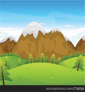 Illustration of a cartoon summer or spring high mountain landscape for vacations, travel and seasonal holidays background. Cartoon Mountains Landscape