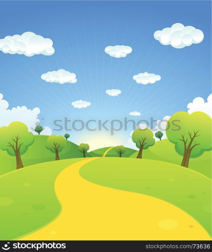 Illustration of a cartoon summer or spring season country landscape, with road trail leading towards horizon. Spring Or Summer Cartoon Landscape