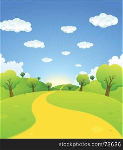 Illustration of a cartoon summer or spring season country landscape, with road trail leading towards horizon. Spring Or Summer Cartoon Landscape