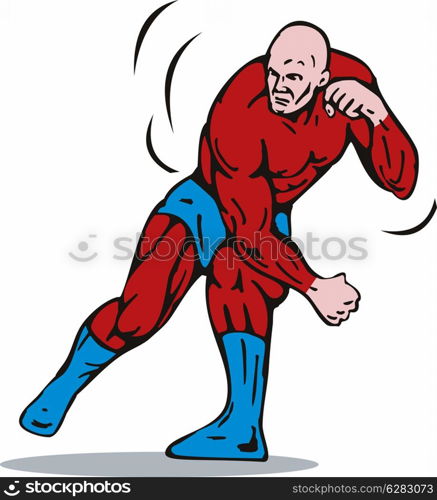 illustration of a cartoon super hero running punching isolated on white background. cartoon super hero running punching