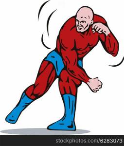 illustration of a cartoon super hero running punching isolated on white background. cartoon super hero running punching