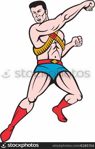 illustration of a cartoon superhero running punching isolated on white background done in cartoon style.. Superhero Punching Cartoon