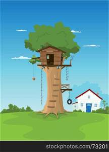Illustration of a cartoon tree house in big oak inside garden landscape. Tree House In Garden Backyard