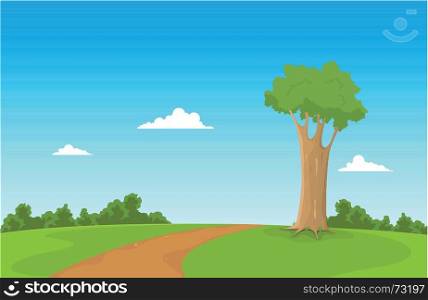 Illustration of a cartoon tree inside spring field with way to walk. Spring Field