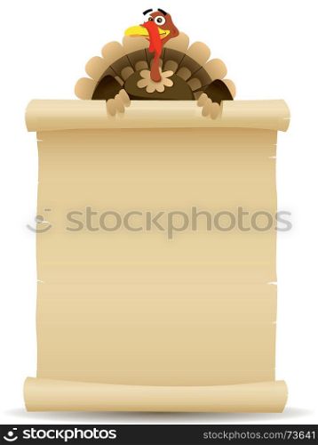 Illustration of a cartoon turkey character holding parchment scroll menu for thanksgiving holidays and white meat food background. Thanksgiving Turkey Holding Parchment Scroll Menu