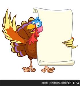 Illustration of a cartoon turkey character holding parchment scroll menu for thanksgiving holidays. Vector turkey with blank paper for message