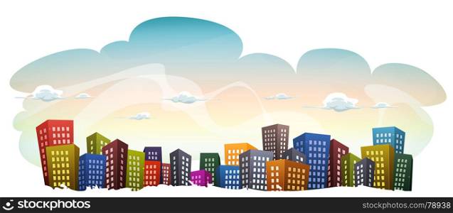 Illustration of a cartoon urban city landscape with fancy buildings and skyscrapers, on sky background with cloudscape