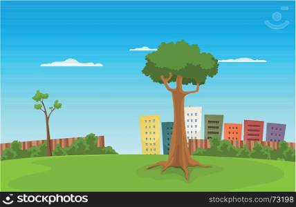 Illustration of a cartoon urban green park with cityscape behind. Leisure Park