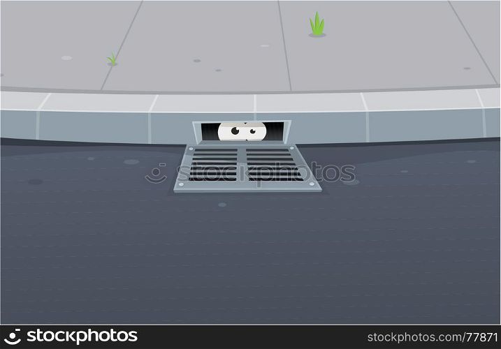 Illustration of a cartoon urban scene with road, pavement and funny underground eyes looking from a gutter hole hideout. Eyes Spying Inside Pavement Gutter Hole