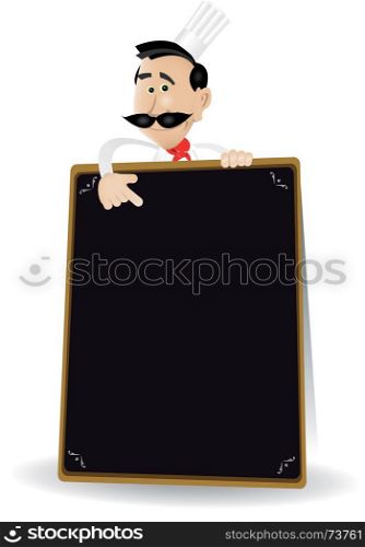 Illustration of a cartoon white cook man holding A Blackboard showing today's special or menu. Put your best menu inside !. Chef Menu Holding A Blackboard