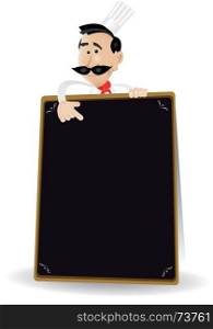 Illustration of a cartoon white cook man holding A Blackboard showing today's special or menu. Put your best menu inside !. Chef Menu Holding A Blackboard