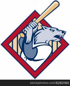 illustration of a cartoon Wild dog or wolf playing baseball batting with bat set inside a diamond. Wild dog or wolf playing baseball batting bat
