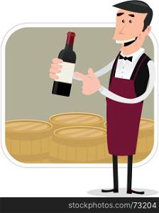 Illustration of a cartoon winemaker holding bottle of red wine with barrels background behind. Cartoon Winemaker