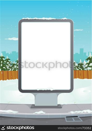 Illustration of a cartoon winter urban landscape with billboard for advertisement background. White Billboard On Winter Urban Background