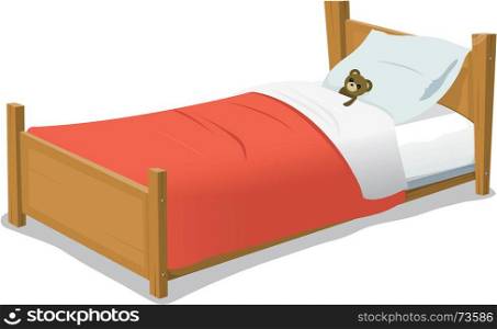 Illustration of a cartoon wooden children bed with pillow, red blanket and teddy bear inside. Cartoon Bed With Teddy Bear
