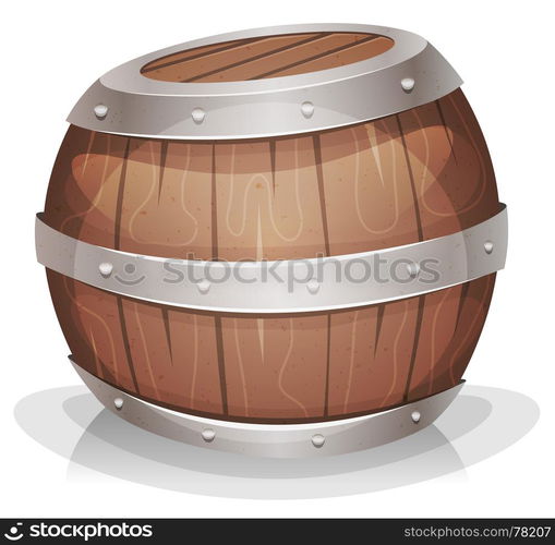 Illustration of a cartoon wooden wine barrel with iron strapping and nails