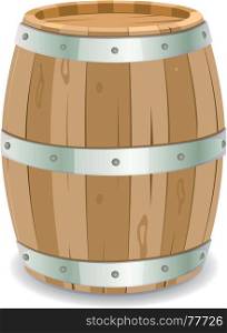 Illustration of a cartoon wooden wine barrel with iron strapping and nails for grape harvesting. Barrel