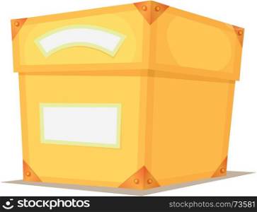 Illustration of a cartoon yellow gift box for birthdays present, with blank signs and white banner. Cartoon Yellow Box