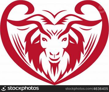 Illustration of a cashmere goat head viewed from front set inside heart shape on isolated white background done in retro style. . Cashmere Goat Head Retro