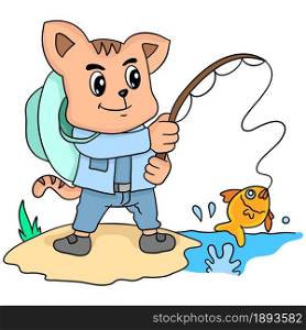 illustration of a cat fishing. cartoon illustration cute sticker