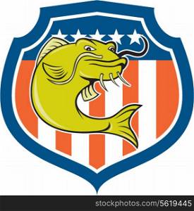 Illustration of a catfish angryfish facing front set inside shield with american stars and stripes background done in cartoon style.. Catfish Angryfish Shield Cartoon
