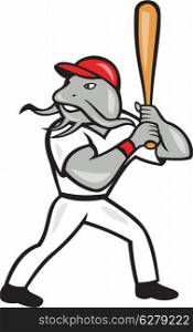 Illustration of a catfish baseball player batter hitter batting viewed from side set inside shield crest shape done in cartoon style isolated on white background.. Catfish Baseball Hitter Batting Full Isolated Cartoon