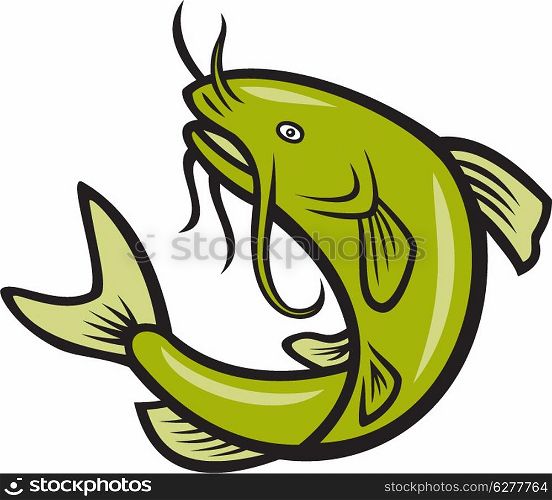 Illustration of a catfish jumping done in cartoon style.. Catfish Fish Jumping Cartoon
