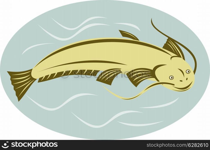 illustration of a catfish jumping done in retro style. catfish jumping