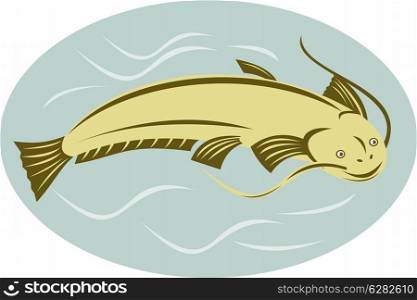 illustration of a catfish jumping done in retro style. catfish jumping