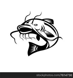 Illustration of a catfish jumping done in retro woodcut Black and White style on isolated background.. Catfish Jumping Retro Black and White