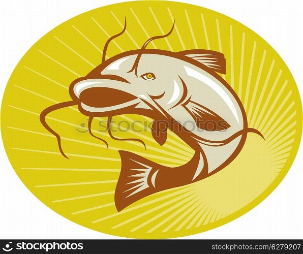 Illustration of a catfish jumping done in retro woodcut style with sunburst set inside ellipse.. Catfish Jumping Retro