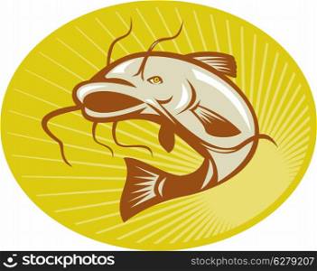 Illustration of a catfish jumping done in retro woodcut style with sunburst set inside ellipse.. Catfish Jumping Retro