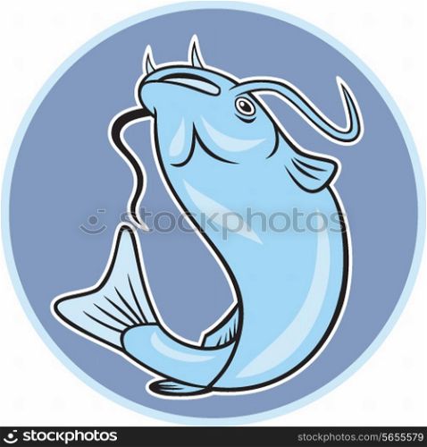 Illustration of a catfish jumping up viewed from low angle set inside circle on isolated background done in cartoon style.. Catfish Jumping Circle Cartoon